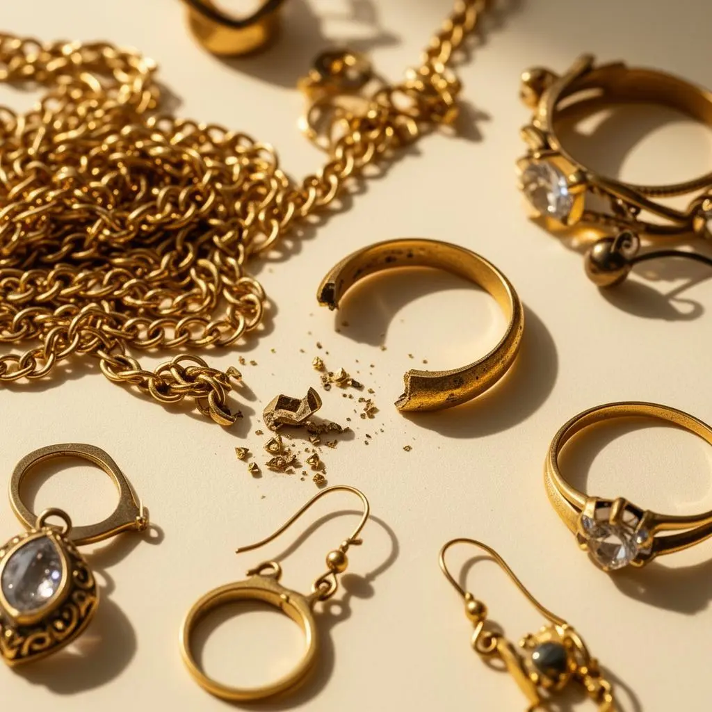 Verzameling gouden sieraden op crème ondergrond