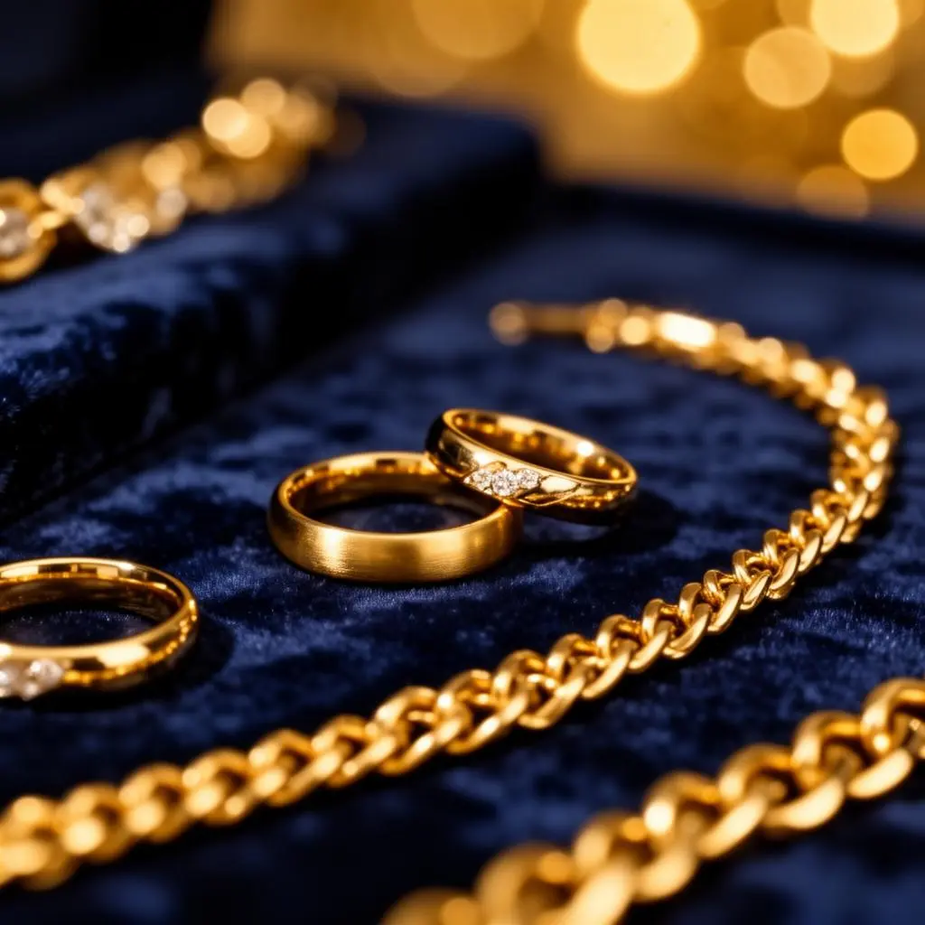 Gouden sieraden op donkerblauw fluweel
